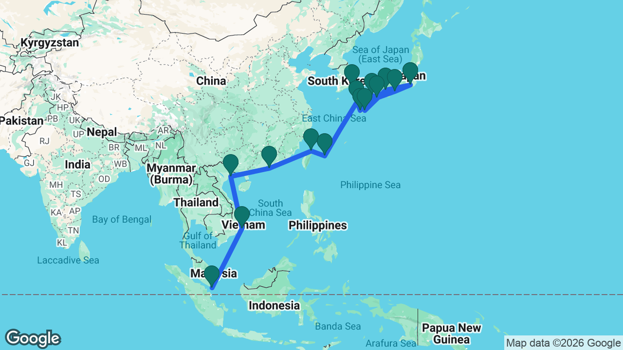 Route map: Singapore -> Cam Ranh -> Ha Long Bay -> Hong Kong -> Keelung -> Ishigaki -> Nagasaki -> Tokyo -> Toba -> Kochi -> Busan -> Kagoshima -> Matsuyama -> Aburatsu -> Kobe -> Tokyo