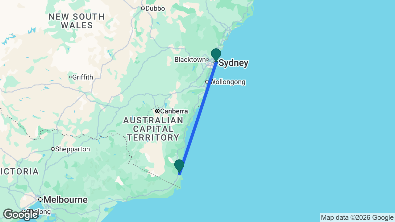 Route map: Sydney -> Eden -> Sydney