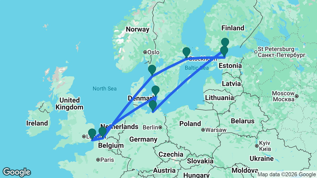 Route map: Dover -> Copenhagen -> Berlin -> Helsinki -> Tallinn -> Stockholm -> Gothenburg -> Bruges -> Dover