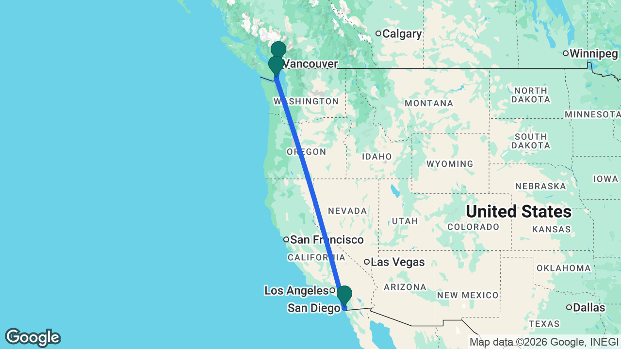 Route map: Vancouver -> Victoria -> San Diego