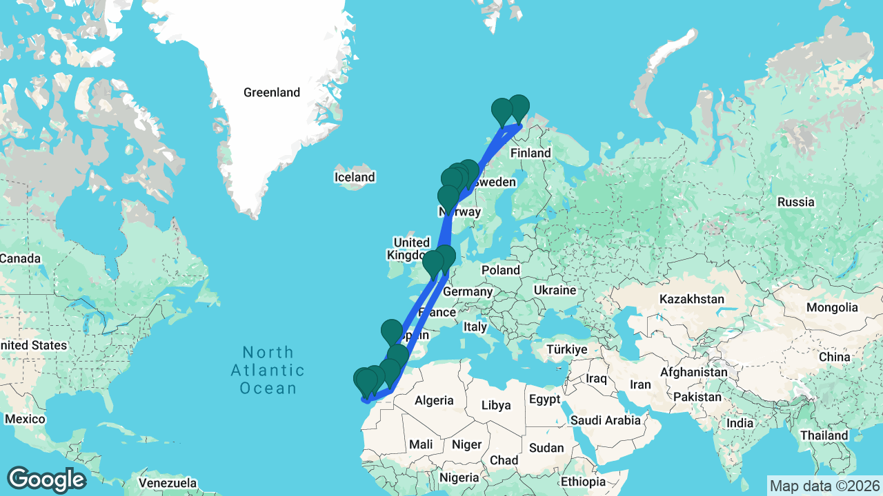 Route map: Rotterdam -> Casablanca -> Agadir -> Lanzarote -> Tenerife -> Gran Canaria -> Lisbon -> Dover -> Ålesund -> Åndalsnes -> Trondheim -> Tromsø -> Alta -> Kristiansund -> Bergen -> Rotterdam