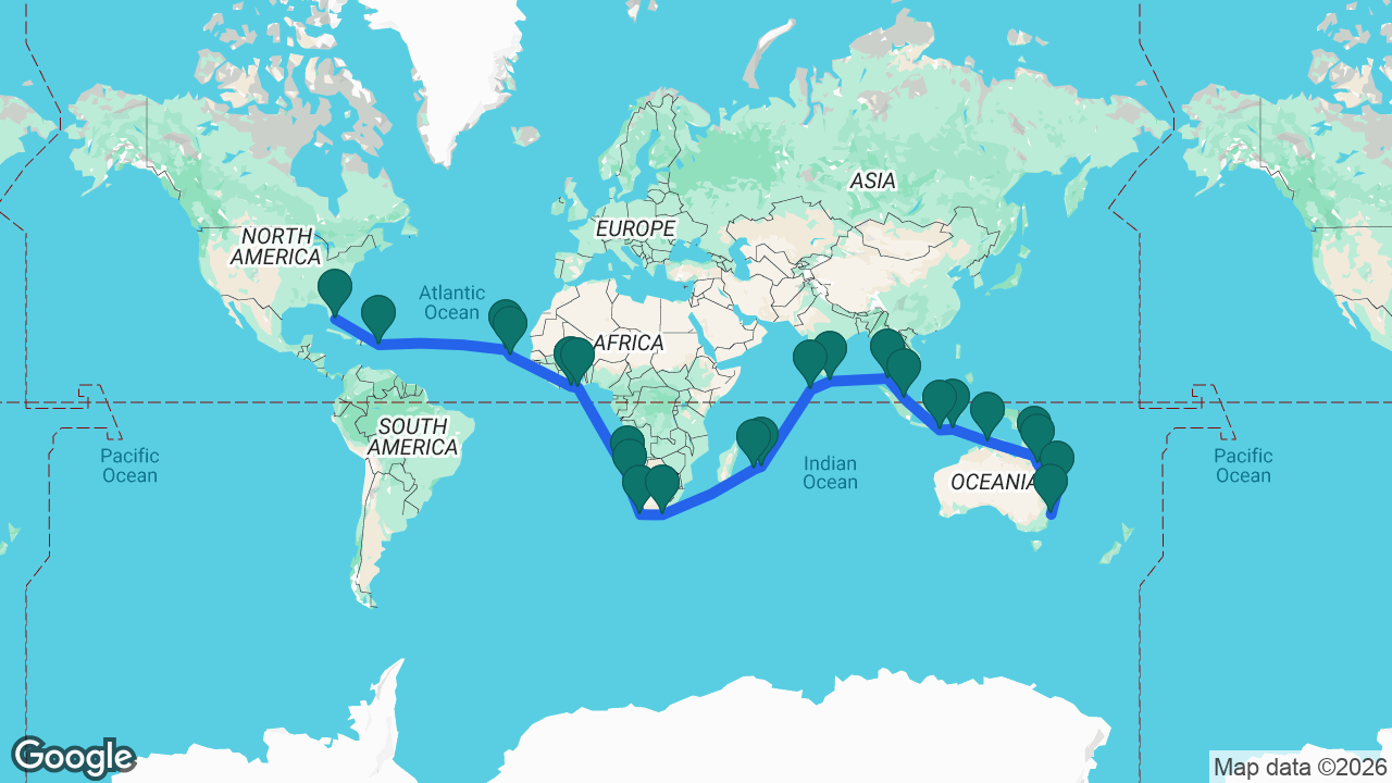 Route map: Sydney -> Brisbane -> Townsville -> Cairns -> Darwin -> Slawi Bay -> Bali -> Singapore -> Phuket -> Colombo -> Malé -> Port Louis -> Réunion (Le Port) -> Port Elizabeth -> Cape Town -> Lüderitz -> Walvis Bay -> Takoradi -> Abidjan -> Praia -> Mindelo -> San Juan -> Fort Lauderdale