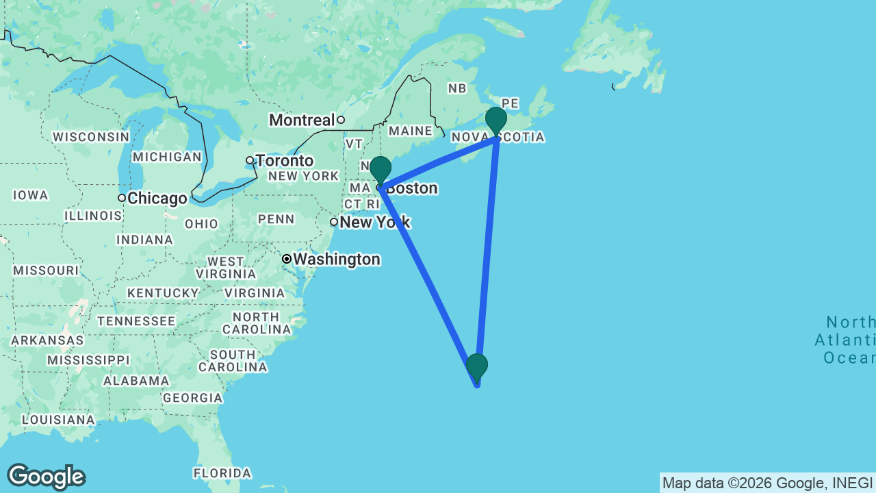 Route map: Boston -> Halifax -> Bermuda -> Boston