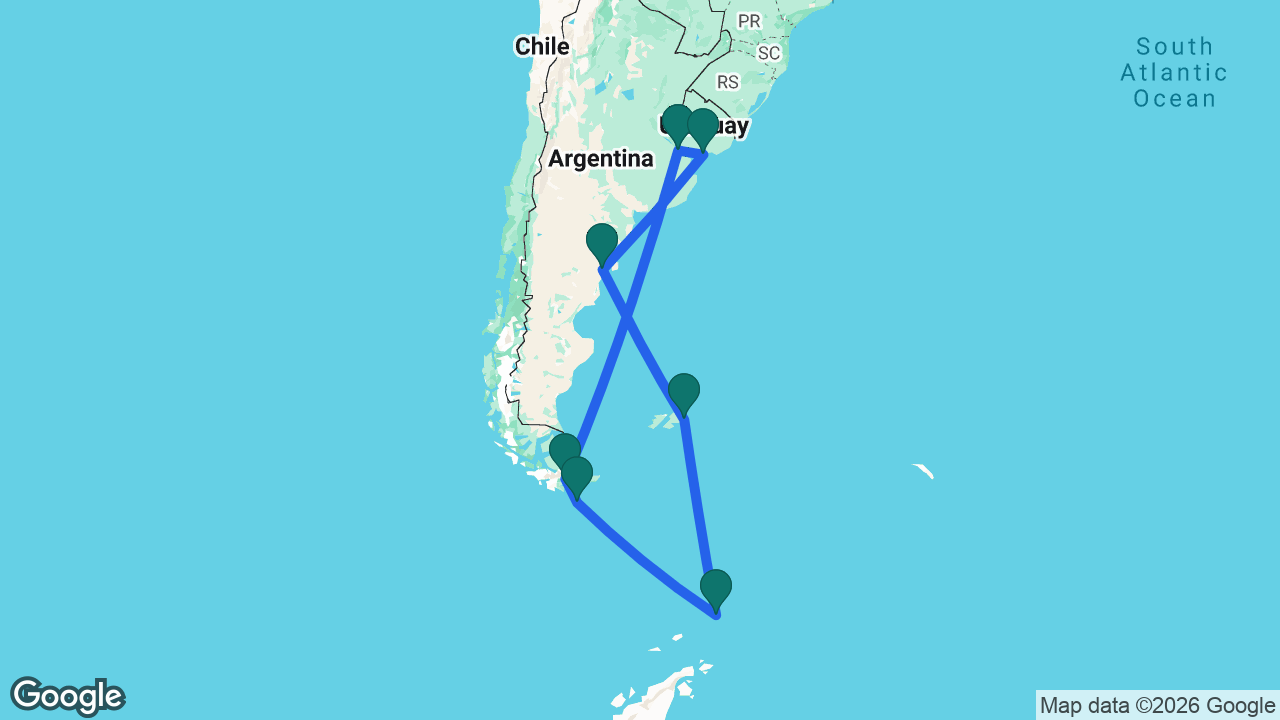 Route map: Buenos Aires -> Ushuaia -> Cape Horn -> Elephant Island -> Port Stanley -> Puerto Madryn -> Montevideo -> Buenos Aires