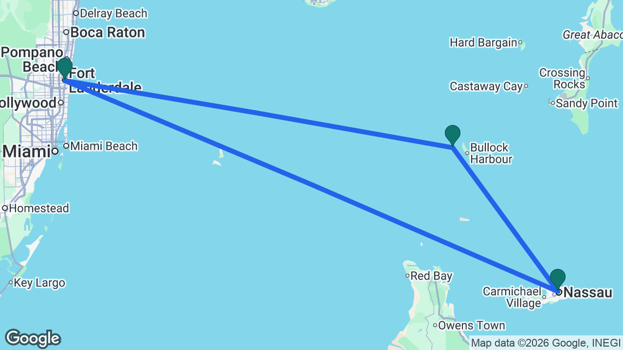 Route map: Fort Lauderdale -> Nassau -> CocoCay -> Fort Lauderdale