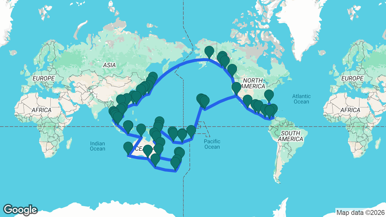 Route map: Fort Lauderdale -> Cartagena -> Panama Canal -> Panama City -> Puntarenas -> Puerto Chiapas -> Huatulco -> Puerto Vallarta -> Los Angeles -> Hilo -> Maui -> Honolulu -> Kauai -> Pago Pago -> Fiji -> Dravuni Island -> Port Vila -> Luganville -> Rabaul -> Kiriwina Island -> Alotau -> Cairns -> Airlie Beach -> Brisbane -> Sydney -> Auckland -> Tauranga -> Christchurch -> Dunedin -> Hobart -> Adelaide -> Perth -> Darwin -> Bali -> Lembar -> Singapore -> Phuket -> Langkawi -> Penang -> Kuala Lumpur -> Ho Chi Minh City -> Cam Ranh -> Ha Long Bay -> Hong Kong -> Keelung -> Miyakojima -> Kagoshima -> Kochi -> Osaka -> Tokyo -> Miyako -> Kushiro -> Anchorage -> Sitka -> Juneau -> Ketchikan -> Vancouver -> Los Angeles