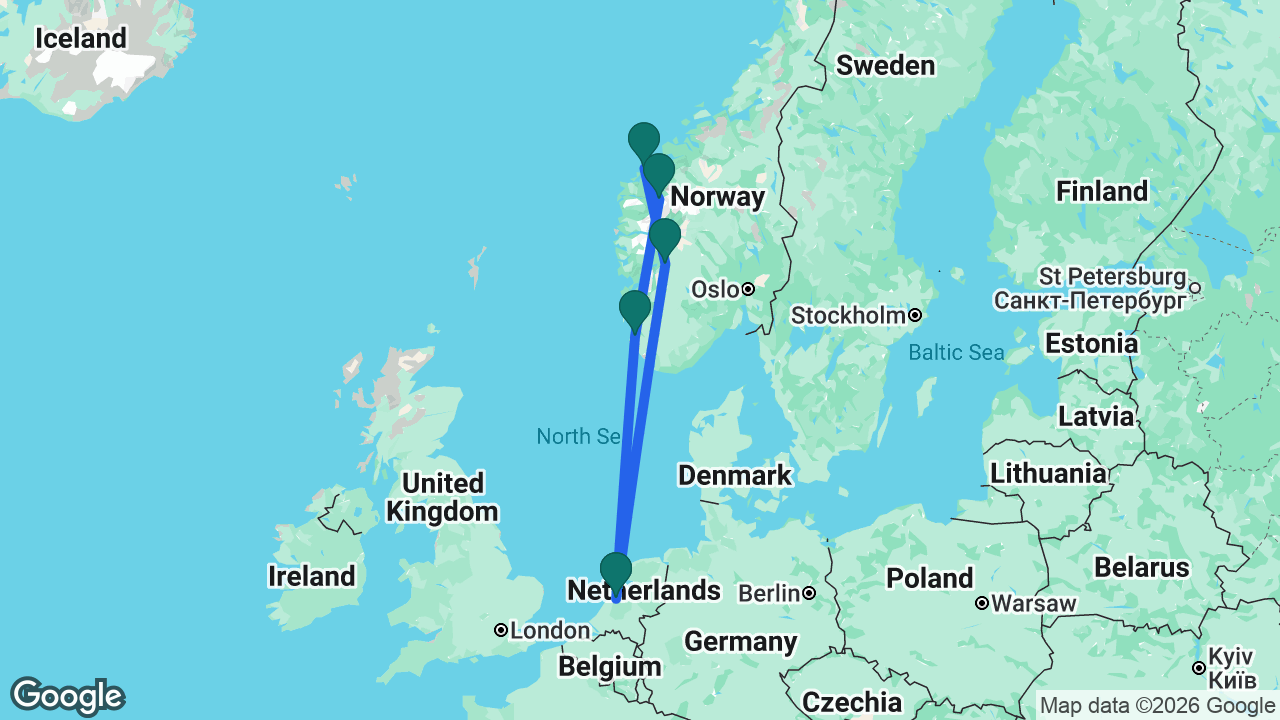 Route map: Amsterdam -> Eidfjord -> Ålesund -> Olden -> Sandnes -> Amsterdam