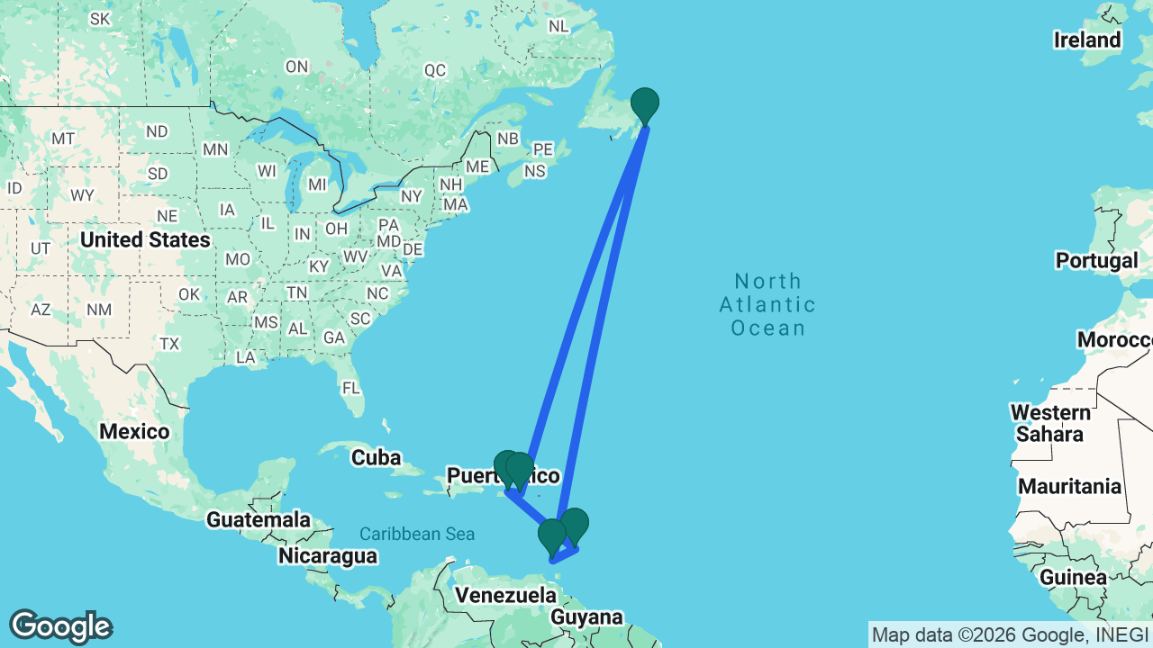 Route map: San Juan -> Barbados -> Grenada -> St. John's -> St. Thomas -> San Juan