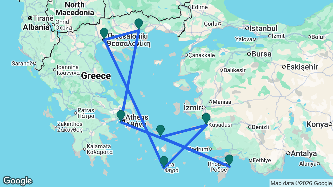 Route map: Athens -> Kavala -> Thessaloniki -> Santorini -> Ephesus -> Mykonos -> Rhodes -> Athens