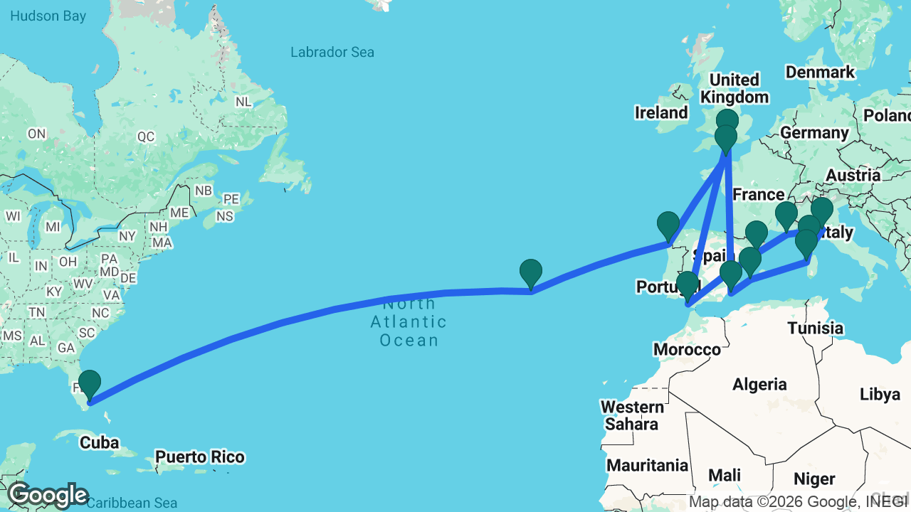 Route map: Fort Lauderdale -> Azores -> Vigo -> Cherbourg -> Southampton -> Cádiz -> Barcelona -> Toulon -> Florence -> Ajaccio -> Alghero -> Ibiza -> Cartagena -> Southampton