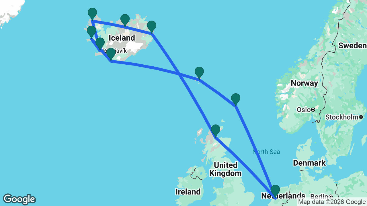 Route map: Amsterdam -> Invergordon -> Seydisfjordur -> Akureyri -> Isafjordur -> Reykjavik -> Grundarfjordur -> Heimaey -> Runavík -> Lerwick -> Amsterdam
