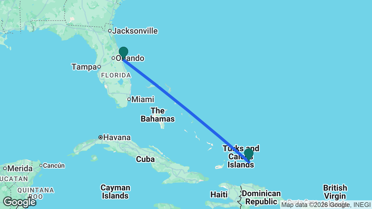Route map: Port Canaveral -> Grand Turk -> Port Canaveral