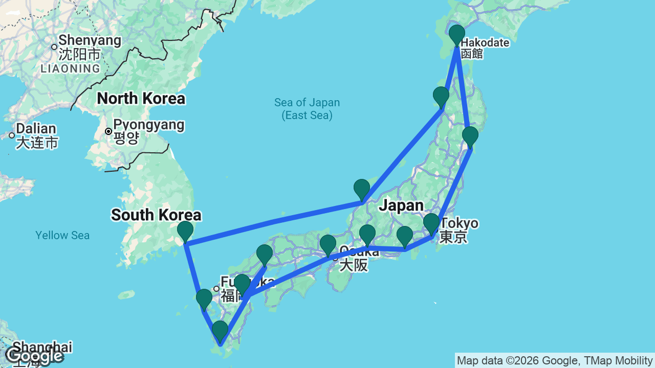 Route map: Tokyo -> Mount Fuji -> Nagoya -> Kobe -> Beppu -> Hiroshima -> Kagoshima -> Nagasaki -> Busan -> Kanazawa -> Akita -> Hakodate -> Ishinomaki -> Tokyo