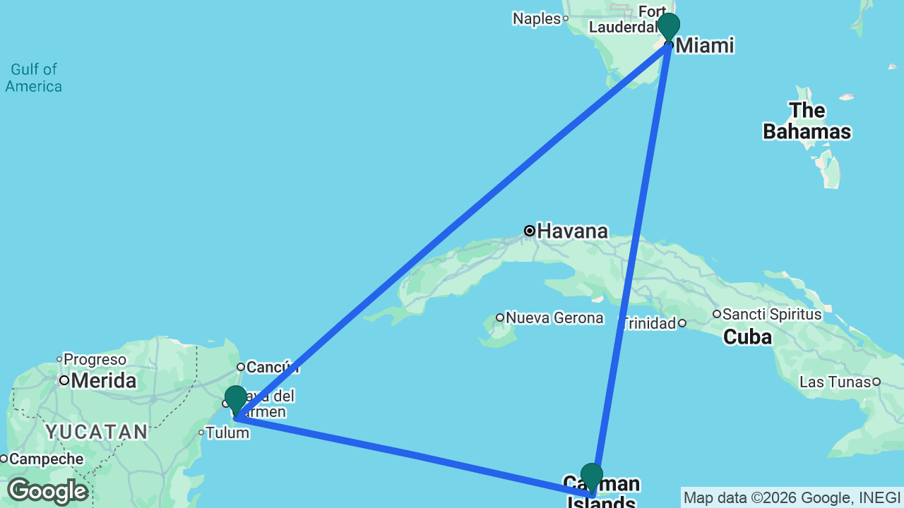 Route map: Miami -> Grand Cayman -> Cozumel -> Miami