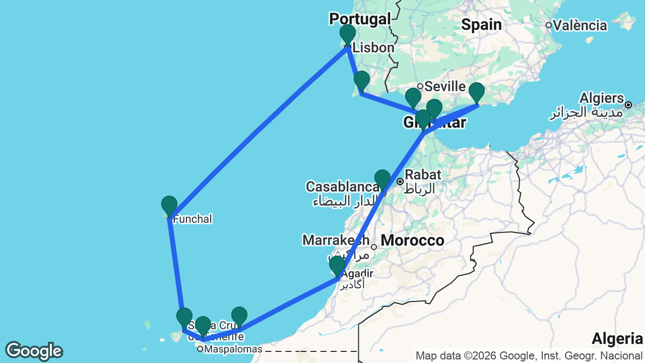 Route map: Lisbon -> Madeira -> Tenerife -> Gran Canaria -> Fuerteventura -> Agadir -> Casablanca -> Tangier -> Motril -> Gibraltar -> Cádiz -> Portimão -> Lisbon