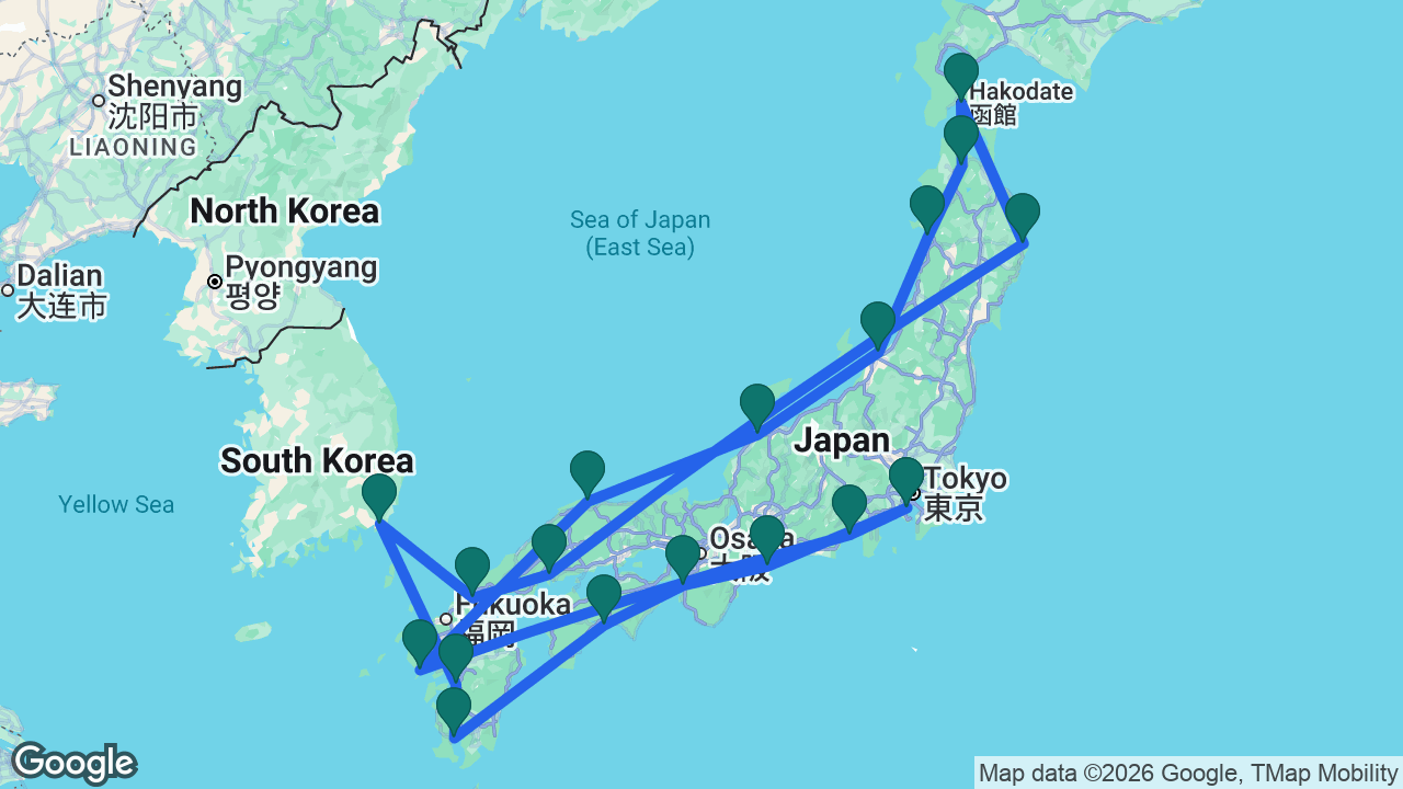 Route map: Tokyo -> Toba -> Wakayama -> Kochi -> Kagoshima -> Yatsushiro -> Busan -> Kanmon Strait -> Hiroshima -> Miyako -> Hakodate -> Aomori -> Akita -> Niigata -> Kanazawa -> Sakaiminato -> Nagasaki -> Mount Fuji -> Tokyo