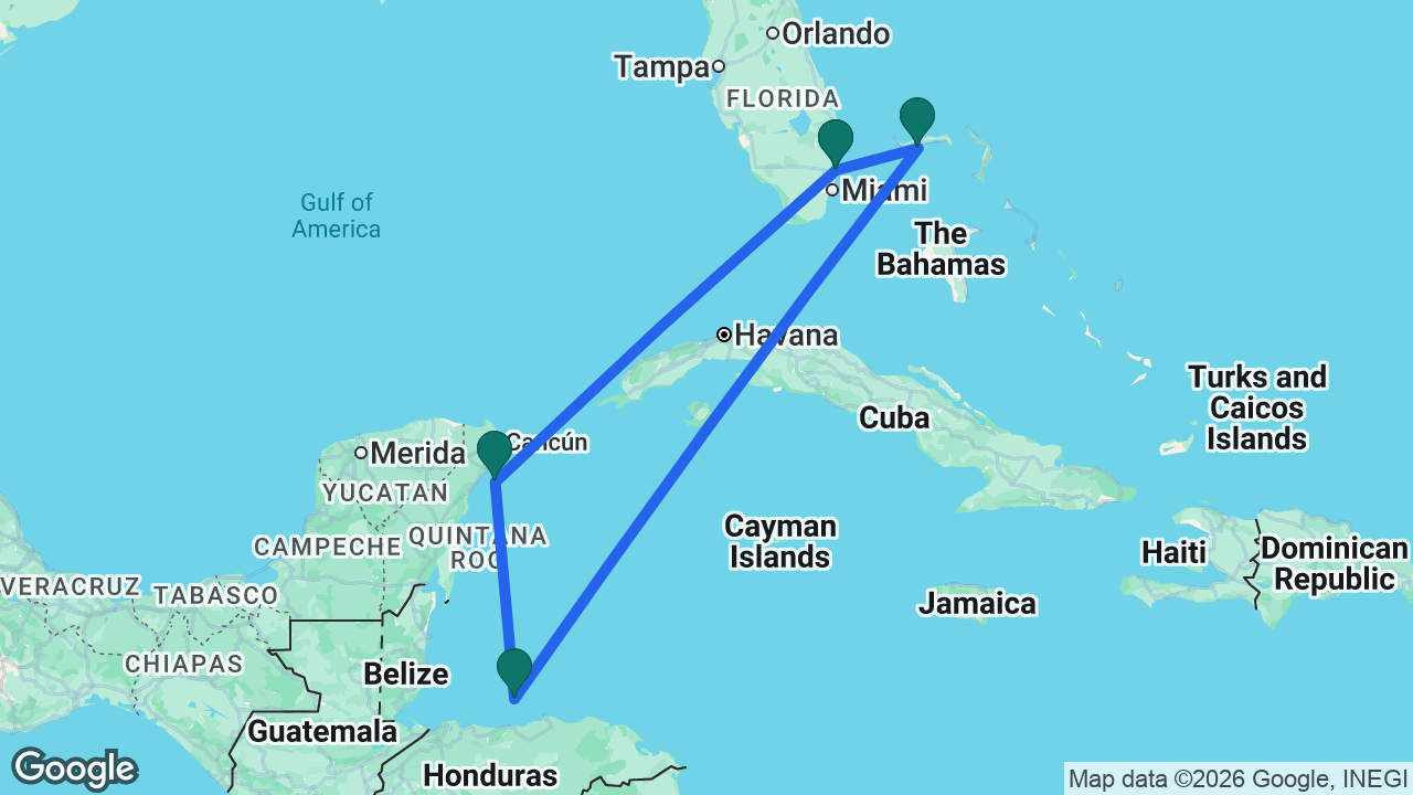 Route map: Fort Lauderdale -> Celebration Key -> Roatán -> Cozumel -> Fort Lauderdale