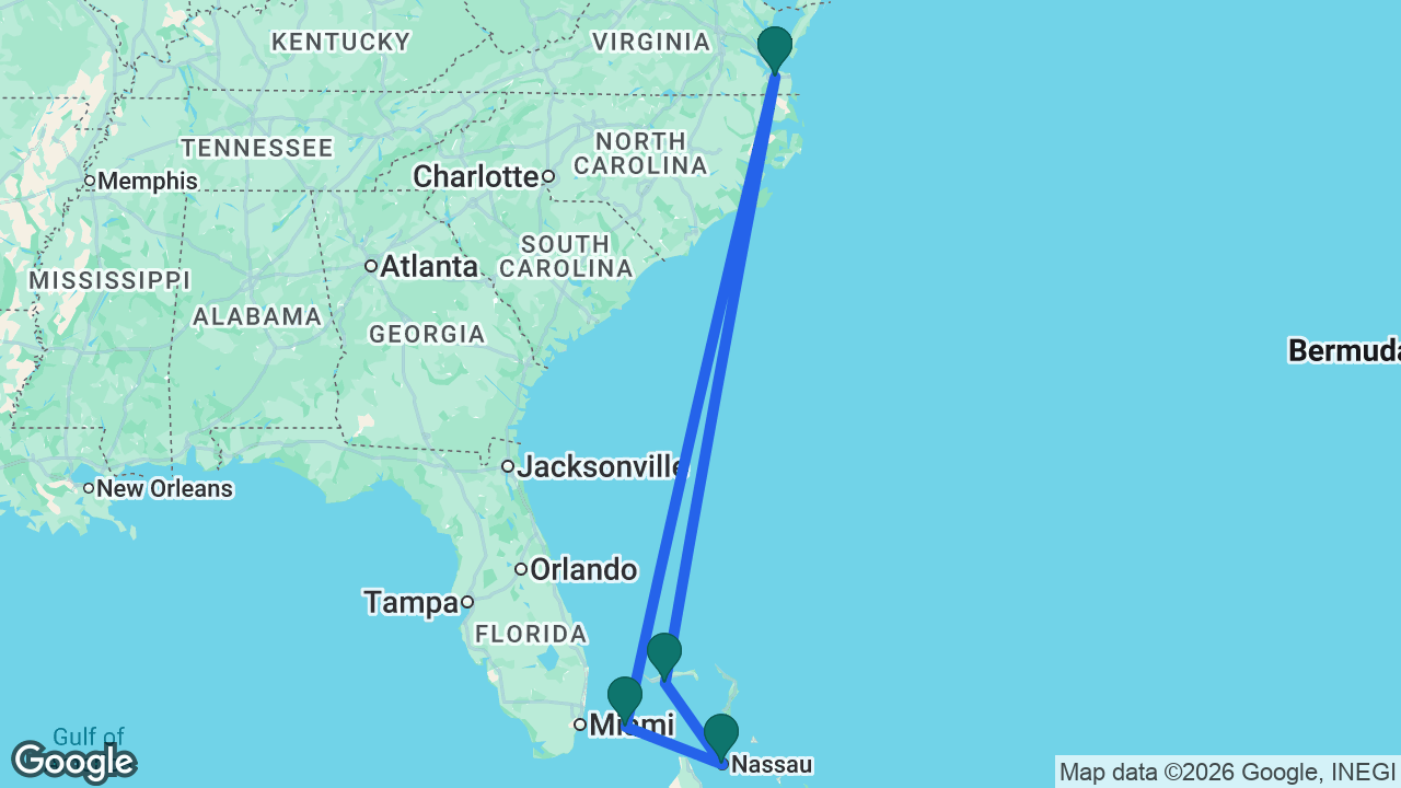Route map: Norfolk -> Celebration Key -> Nassau -> Bimini -> Norfolk