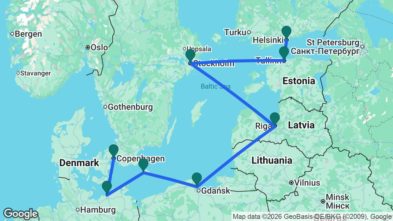 Route map: Copenhagen -> Berlin -> Rønne -> Gdansk -> Riga -> Stockholm -> Tallinn -> Helsinki