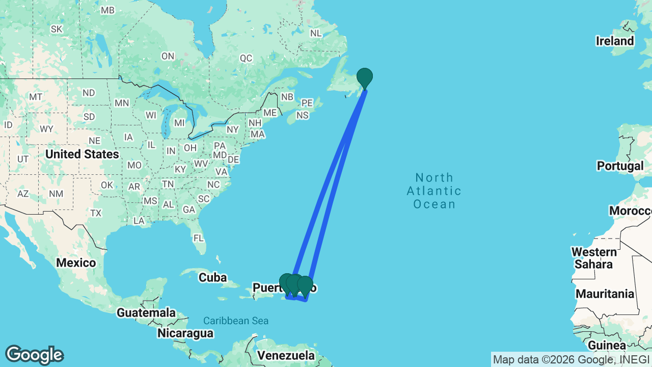 Route map: San Juan -> St. Thomas -> Tortola -> St. Maarten -> St. John's -> San Juan