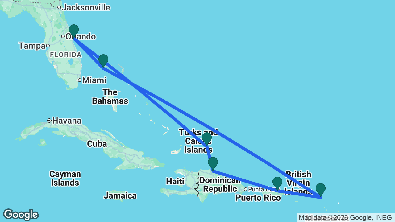 Route map: Port Canaveral -> Grand Turk -> Amber Cove -> San Juan -> St. Maarten -> Celebration Key -> Port Canaveral