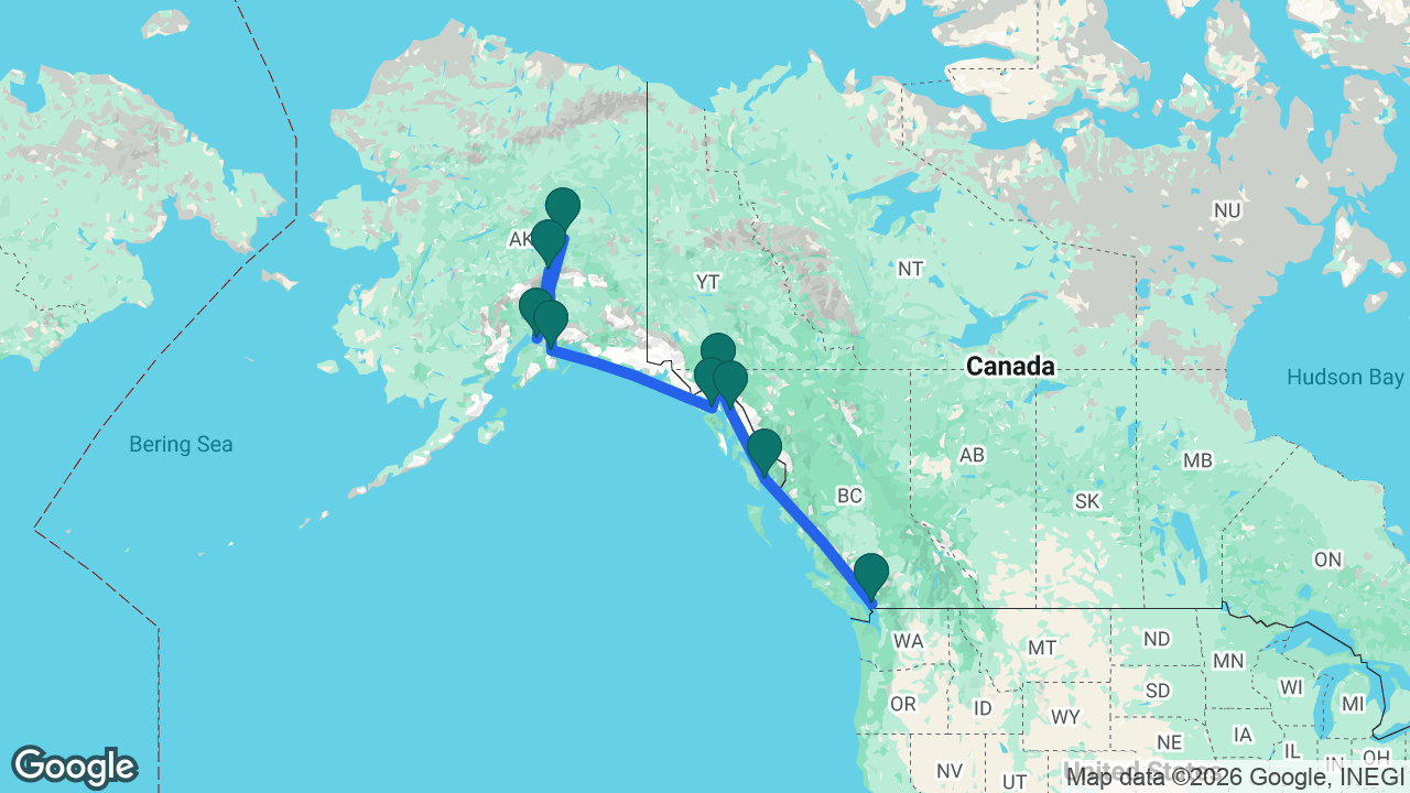 Route map: Fairbanks -> Anchorage -> Denali -> Whittier -> Glacier Bay -> Skagway -> Juneau -> Ketchikan -> Vancouver