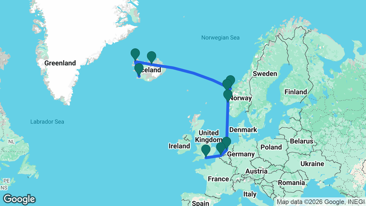 Route map: Reykjavik -> Isafjordur -> Akureyri -> Ålesund -> Måløy -> Bergen -> Amsterdam -> Bruges -> Southampton