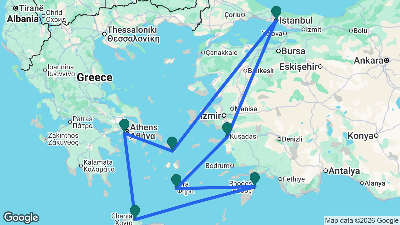 Route map: Athens -> Chania -> Rhodes -> Santorini -> Ephesus -> Istanbul -> Mykonos -> Athens
