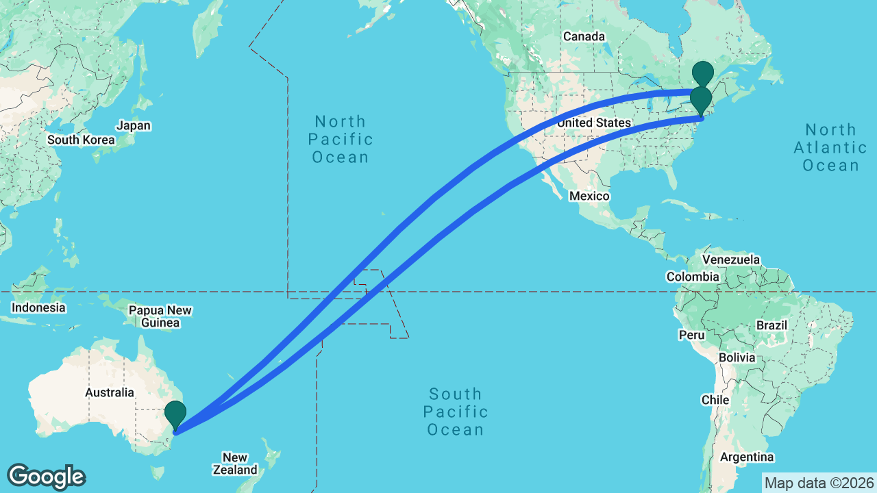 Route map: Montreal -> Sydney -> New York