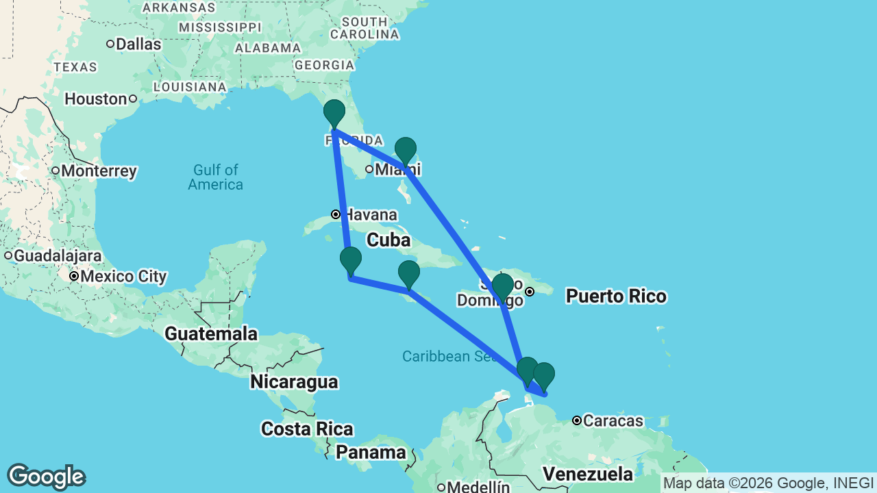 Route map: Tampa -> Great Stirrup Cay -> Cabo Rojo -> Aruba -> Curaçao -> Falmouth -> Grand Cayman -> Tampa