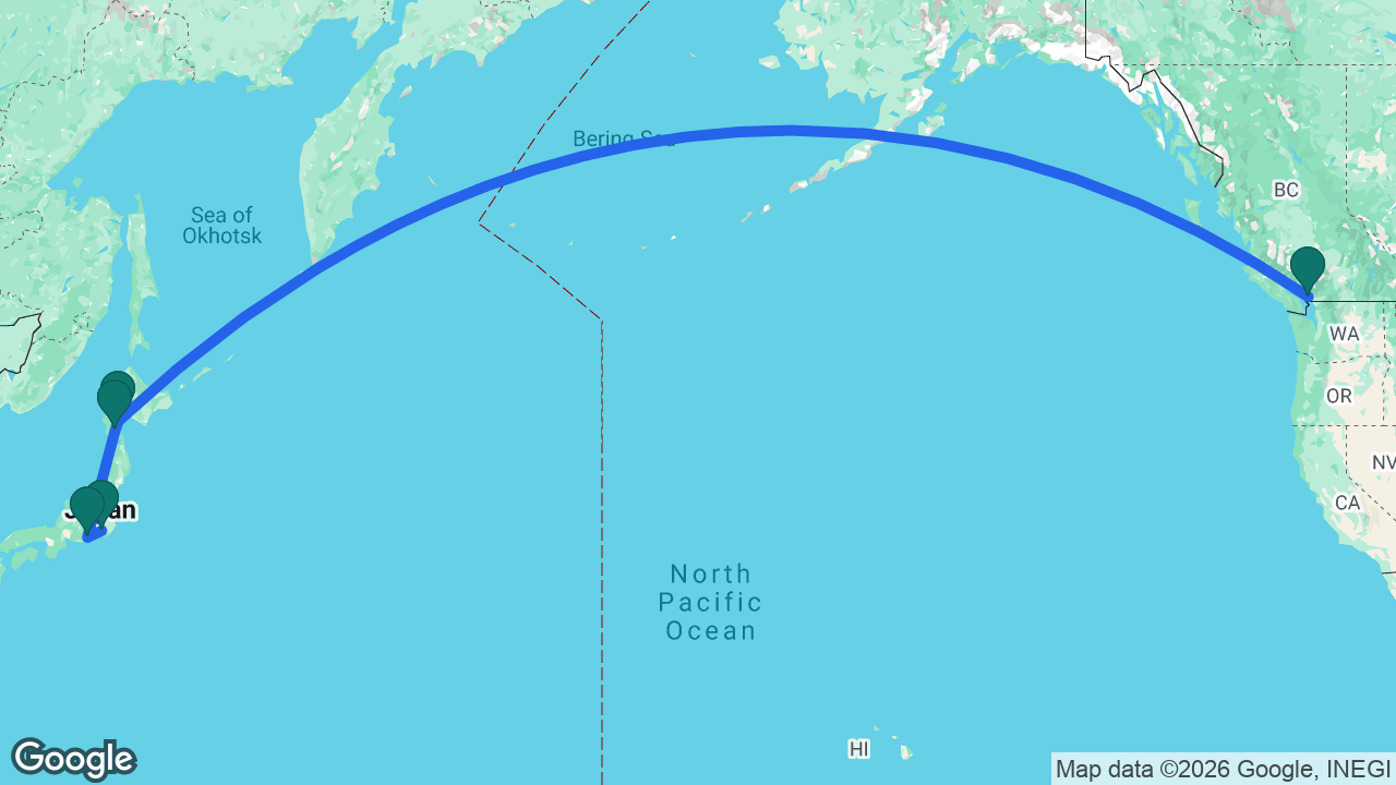 Route map: Vancouver -> Muroran -> Hakodate -> Mount Fuji -> Tokyo