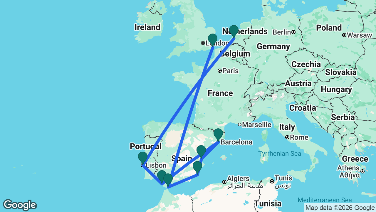 Route map: Rotterdam -> Lisbon -> Cádiz -> Barcelona -> Valencia -> Cartagena -> Gibraltar -> Dover