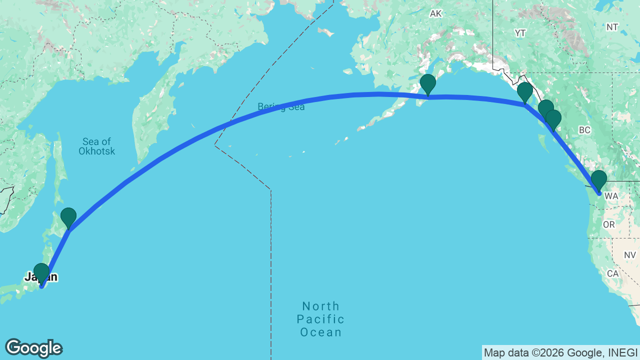 Route map: Tokyo -> Kushiro -> Kodiak -> Sitka -> Ketchikan -> Prince Rupert -> Seattle