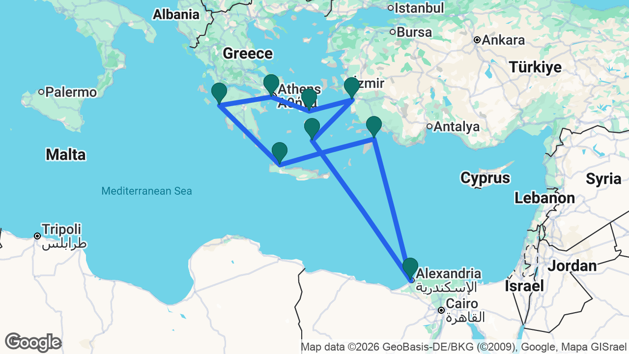 Route map: Athens -> Mykonos -> Ephesus -> Santorini -> Alexandria -> Rhodes -> Chania -> Katakolon -> Athens