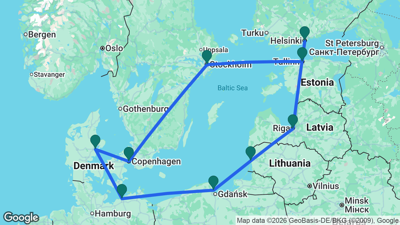 Route map: Copenhagen -> Aarhus -> Berlin -> Gdansk -> Klaipeda -> Riga -> Helsinki -> Tallinn -> Stockholm -> Copenhagen