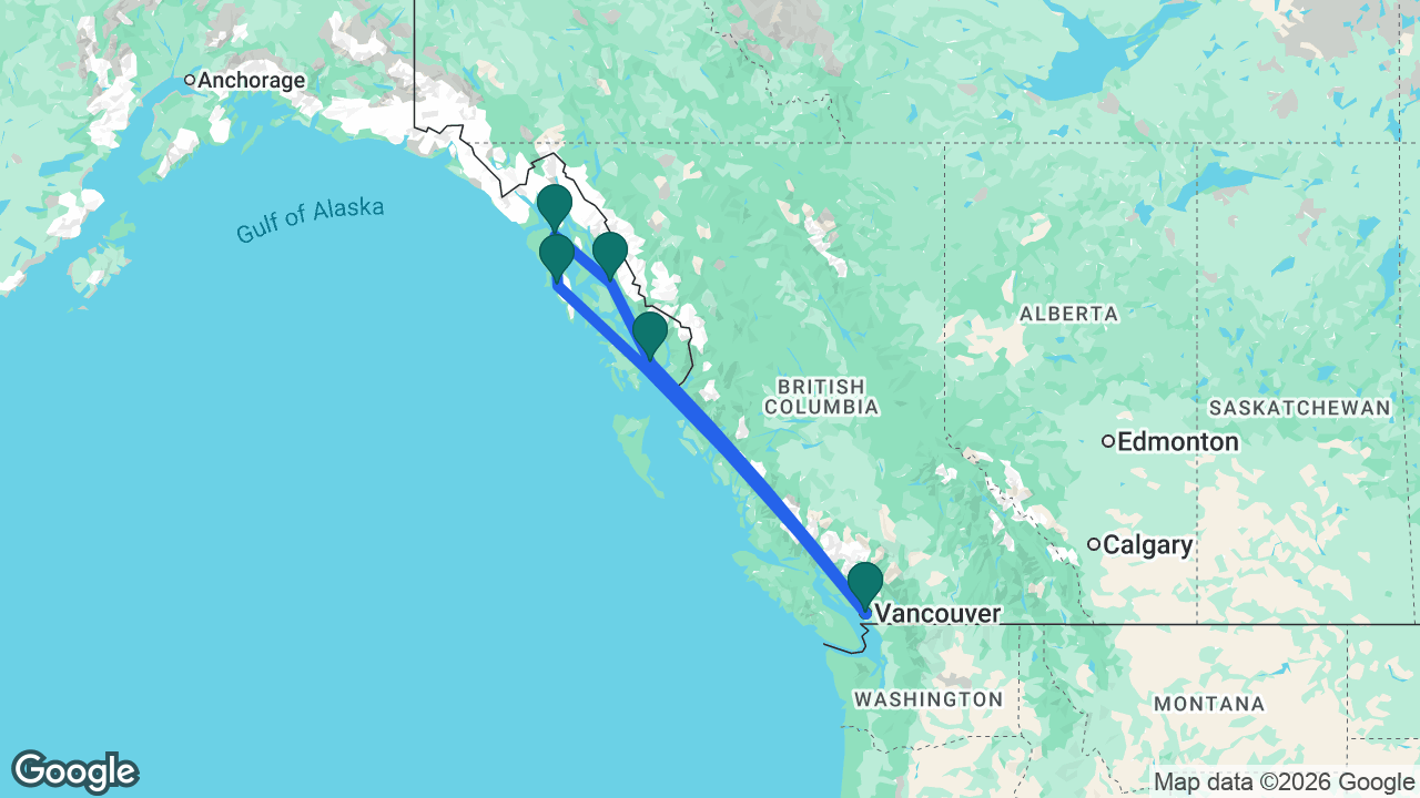 Route map: Vancouver -> Sitka -> Icy Strait Point -> Endicott Arm -> Ketchikan -> Vancouver
