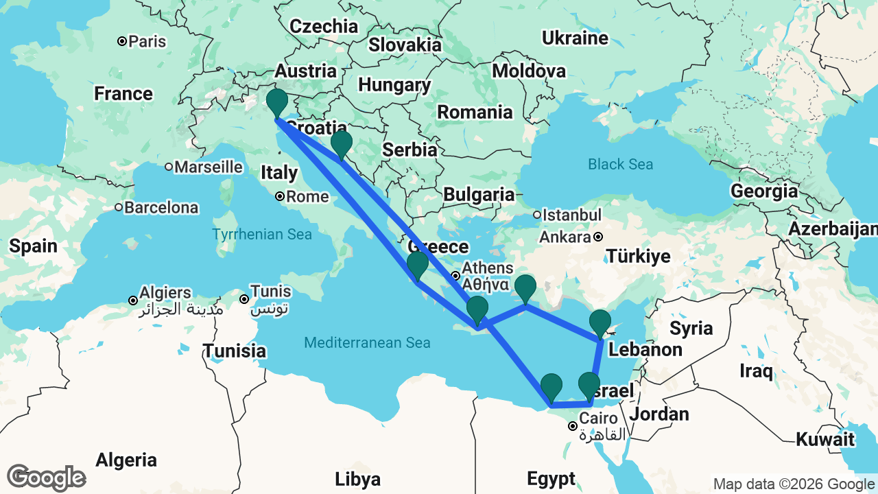 Route map: Venice -> Katakolon -> Heraklion -> Rhodes -> Limassol -> Port Said -> Alexandria -> Split -> Venice