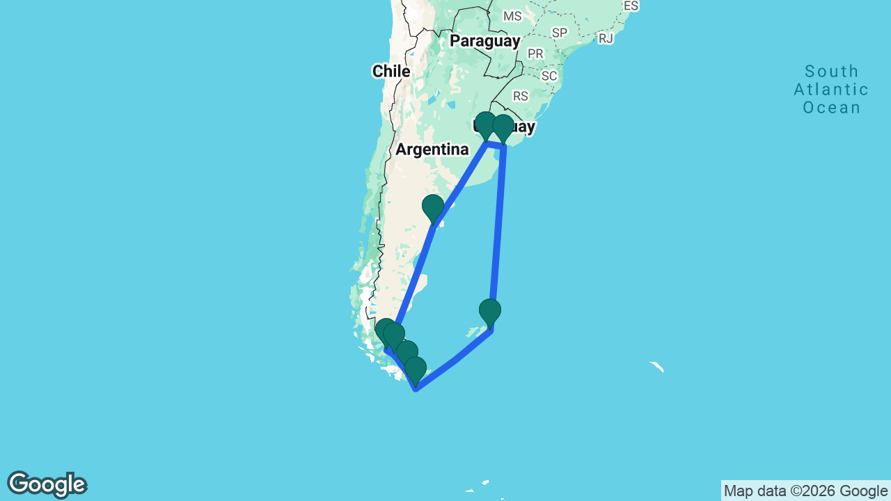 Route map: Buenos Aires -> Montevideo -> Port Stanley -> Cape Horn -> Ushuaia -> Strait of Magellan -> Punta Arenas -> Puerto Madryn -> Buenos Aires