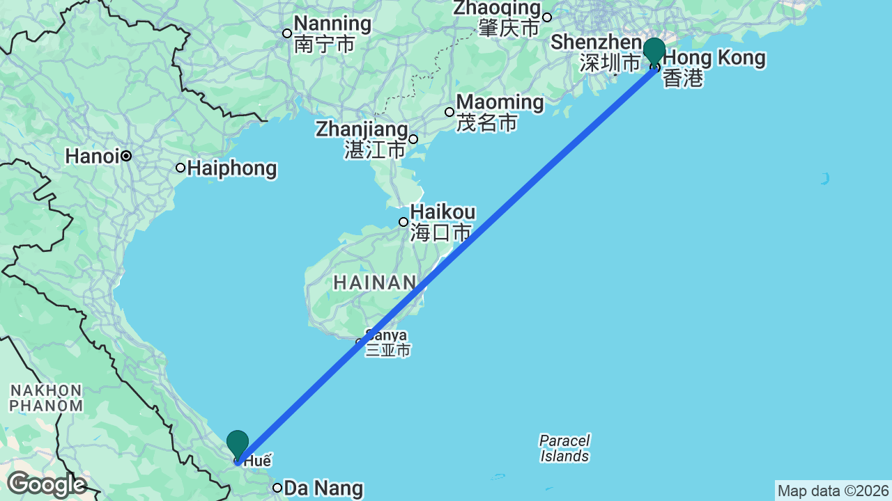 Route map: Hong Kong -> Chan May -> Hong Kong