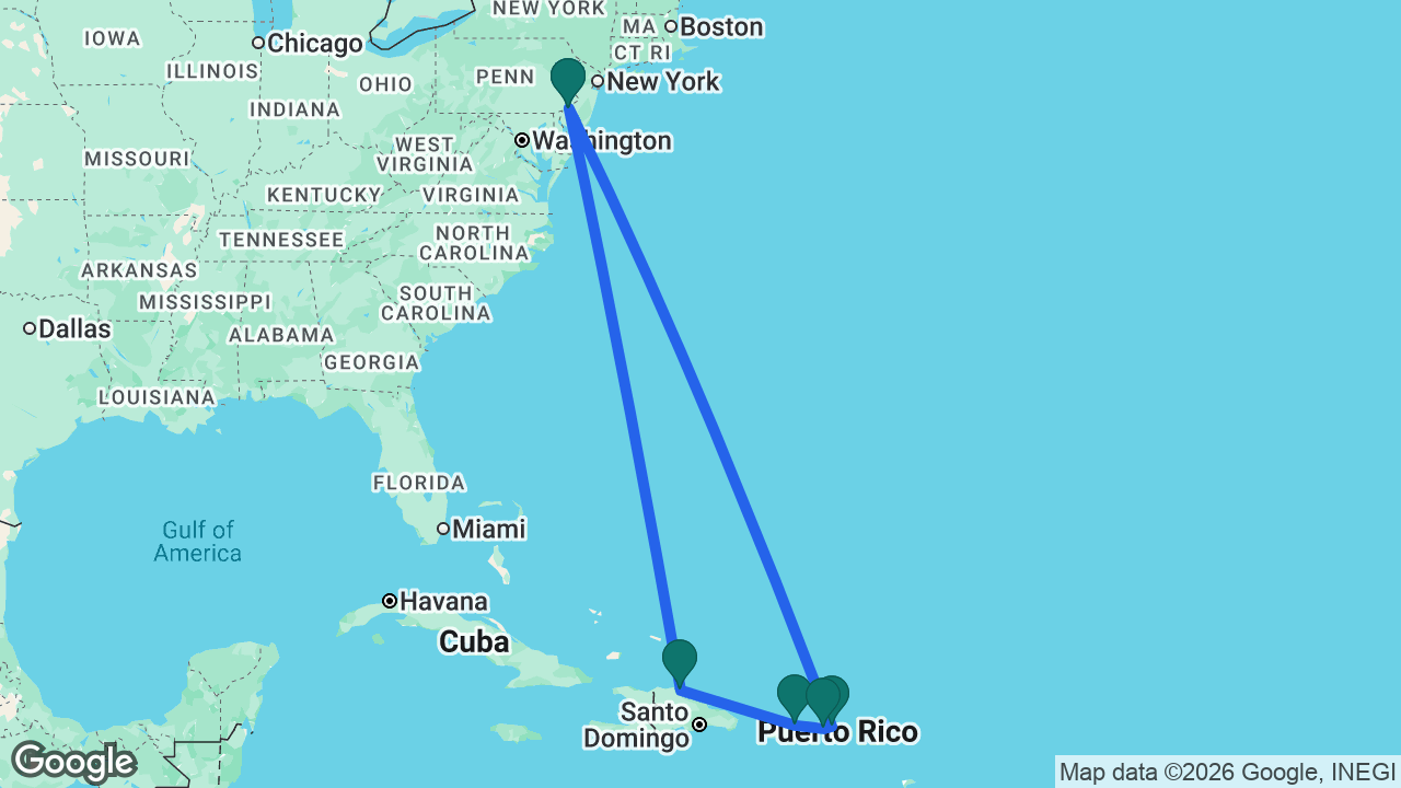 Route map: Philadelphia -> Tortola -> St. Thomas -> San Juan -> Puerto Plata -> Philadelphia