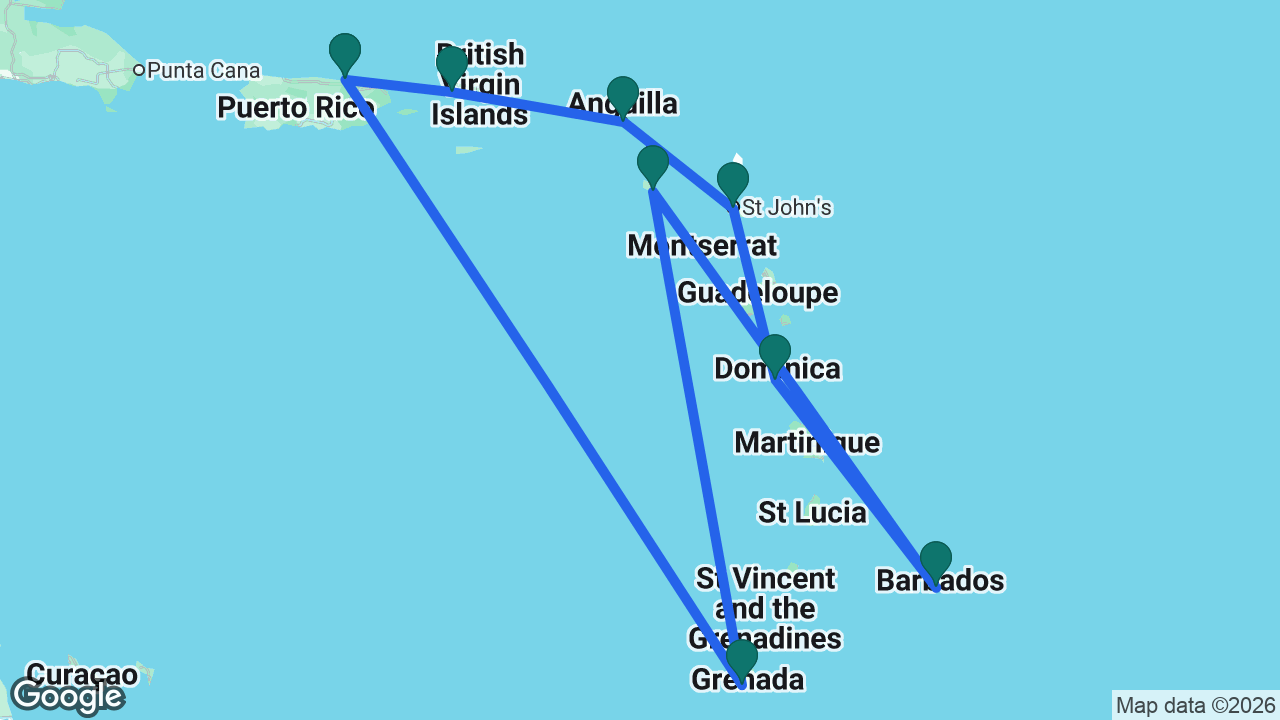 Route map: San Juan -> St. Thomas -> St. Maarten -> Antigua -> Dominica -> Barbados -> St. Kitts -> Grenada -> San Juan