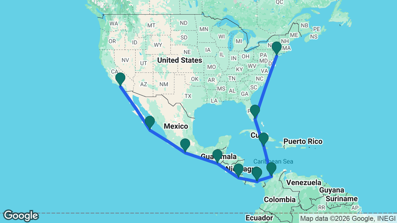 Route map: Los Angeles -> Cabo -> Acapulco -> Puerto Quetzal -> Puntarenas -> Panama City -> Panama Canal -> Cartagena -> Falmouth -> Miami -> New York