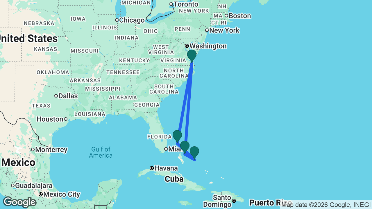 Route map: Norfolk -> Nassau -> Half Moon Cay -> Celebration Key -> Norfolk