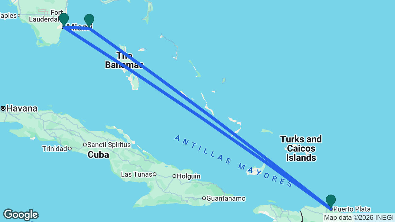 Route map: Miami -> Puerto Plata -> Bimini -> Miami