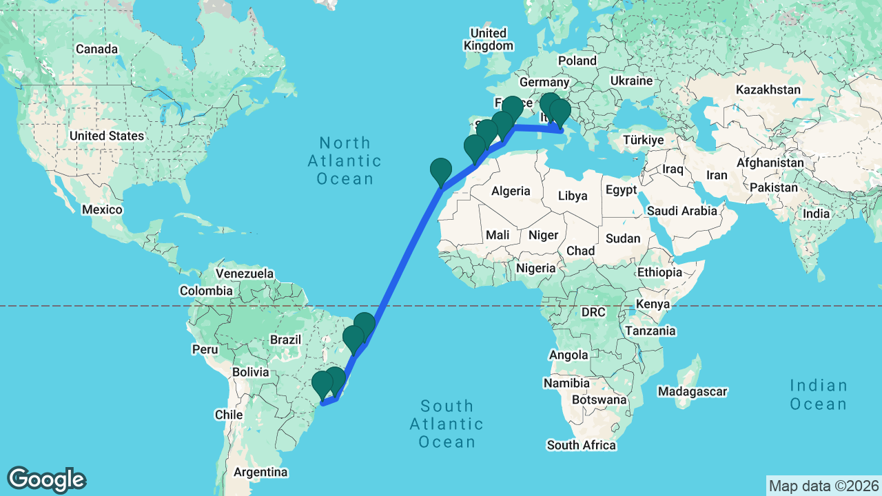 Route map: Santos -> Rio -> Salvador -> Maceió -> Tenerife -> Casablanca -> Málaga -> Alicante -> Barcelona -> Naples -> Rome