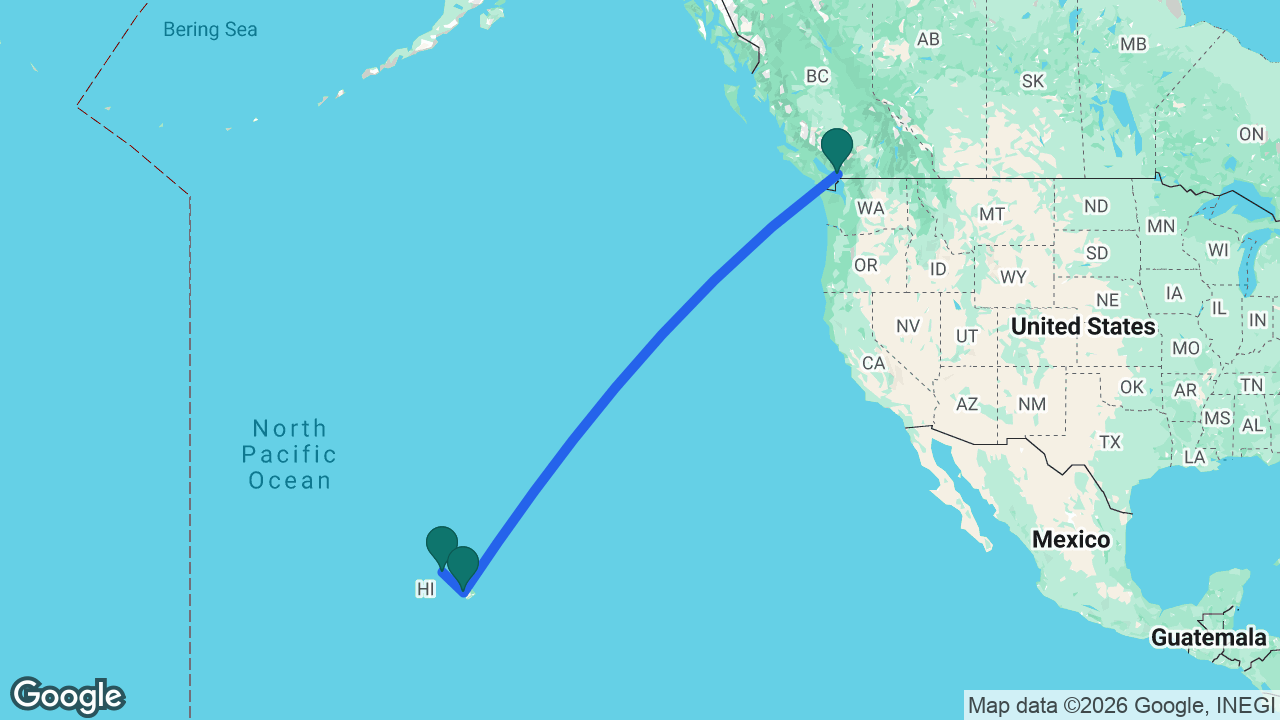 Route map: Vancouver -> Kona -> Honolulu