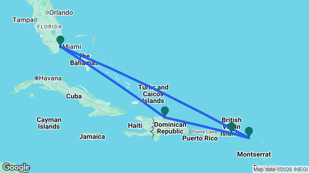 Route map: Miami -> Puerto Plata -> Tortola -> St. Maarten -> Miami