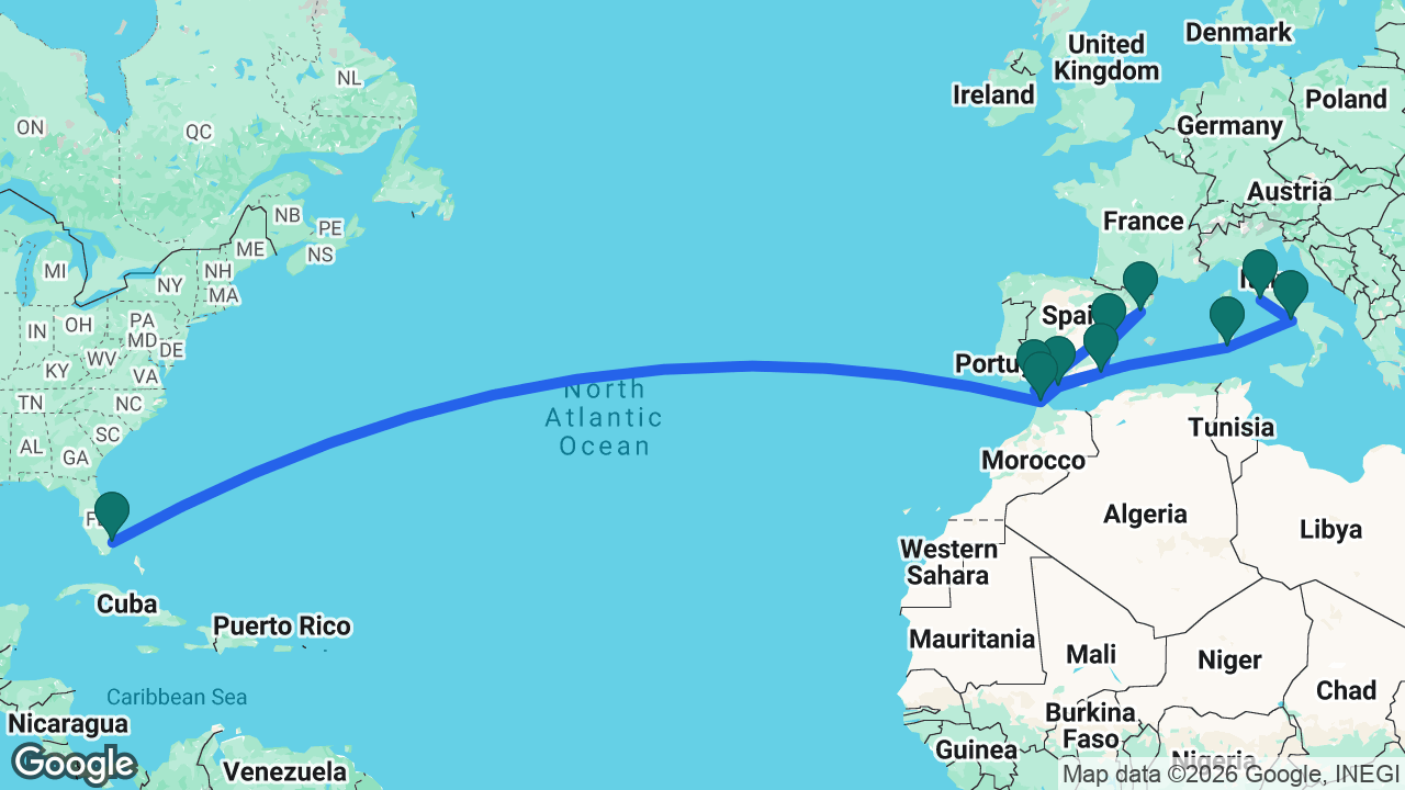 Route map: Fort Lauderdale -> Tangier -> Málaga -> Cartagena -> Valencia -> Barcelona -> Cádiz -> Cagliari -> Naples -> Rome