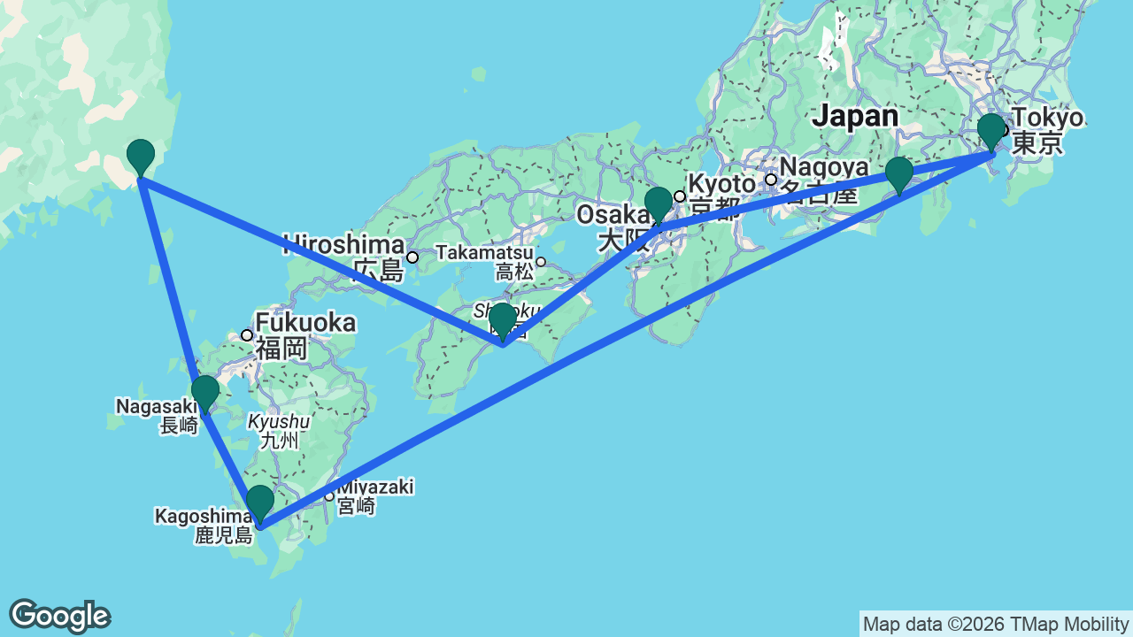 Route map: Tokyo -> Osaka -> Kochi -> Busan -> Nagasaki -> Kagoshima -> Mount Fuji -> Tokyo