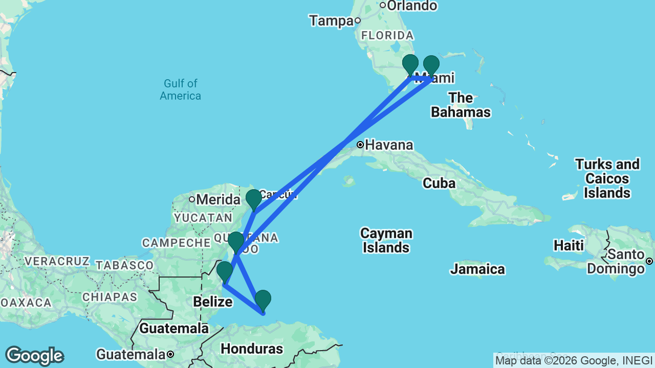 Route map: Miami -> Costa Maya -> Roatán -> Belize City -> Cozumel -> Bimini -> Miami